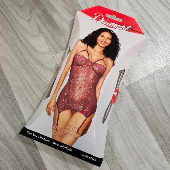 Dreamgirl Mesh and Lace Sexy Garter Lingerie, Burgundy & Gold, One Size - Picture 1 of 6